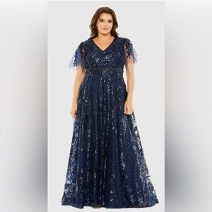 Mac Duggal 20469 NWT Navy High Neck Flutter Sleeve Embellished A-Line Gown